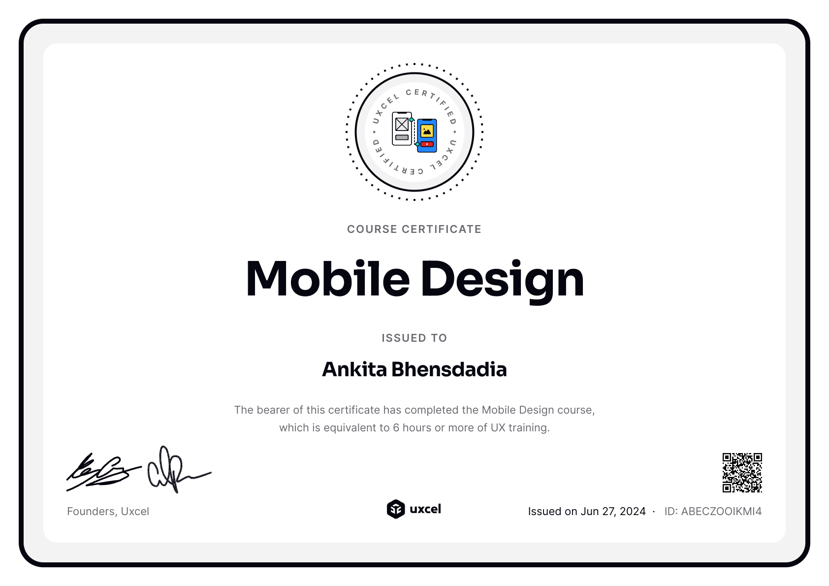 Ankita Bhensdadia's certificate